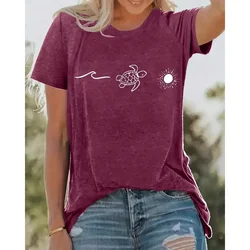 T-shirt imprimé à manches courtes pour femmes, col rond, motif de soleil tortue, haut tendance, vêtements d'été à la mode