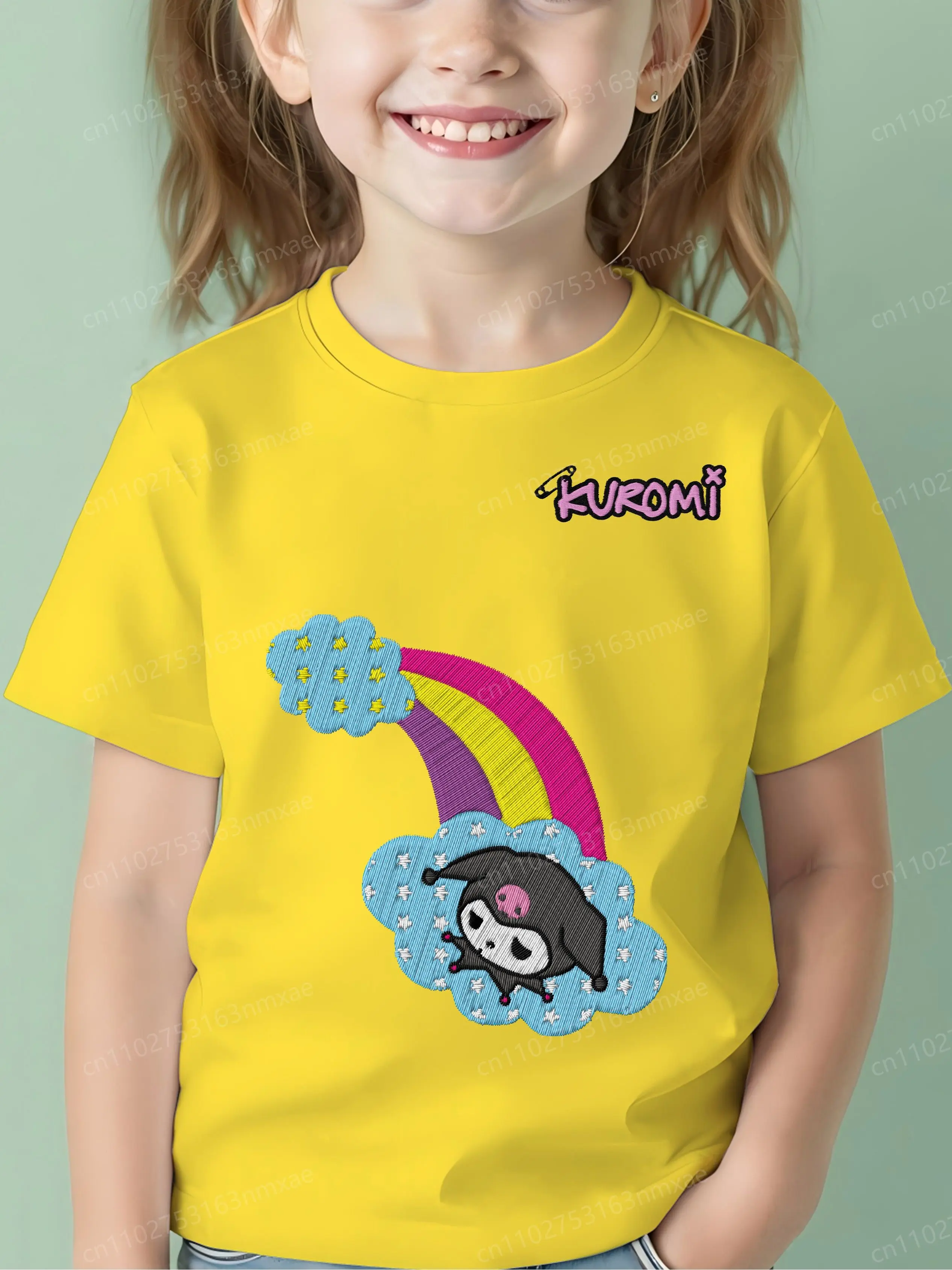 

Short Sleeve Embroidery Kuromi Pure Cotton 3D Printing 100% Tops Woman 2025 Female Clothing Y2k Clothes Top Women's T-shirt Tees