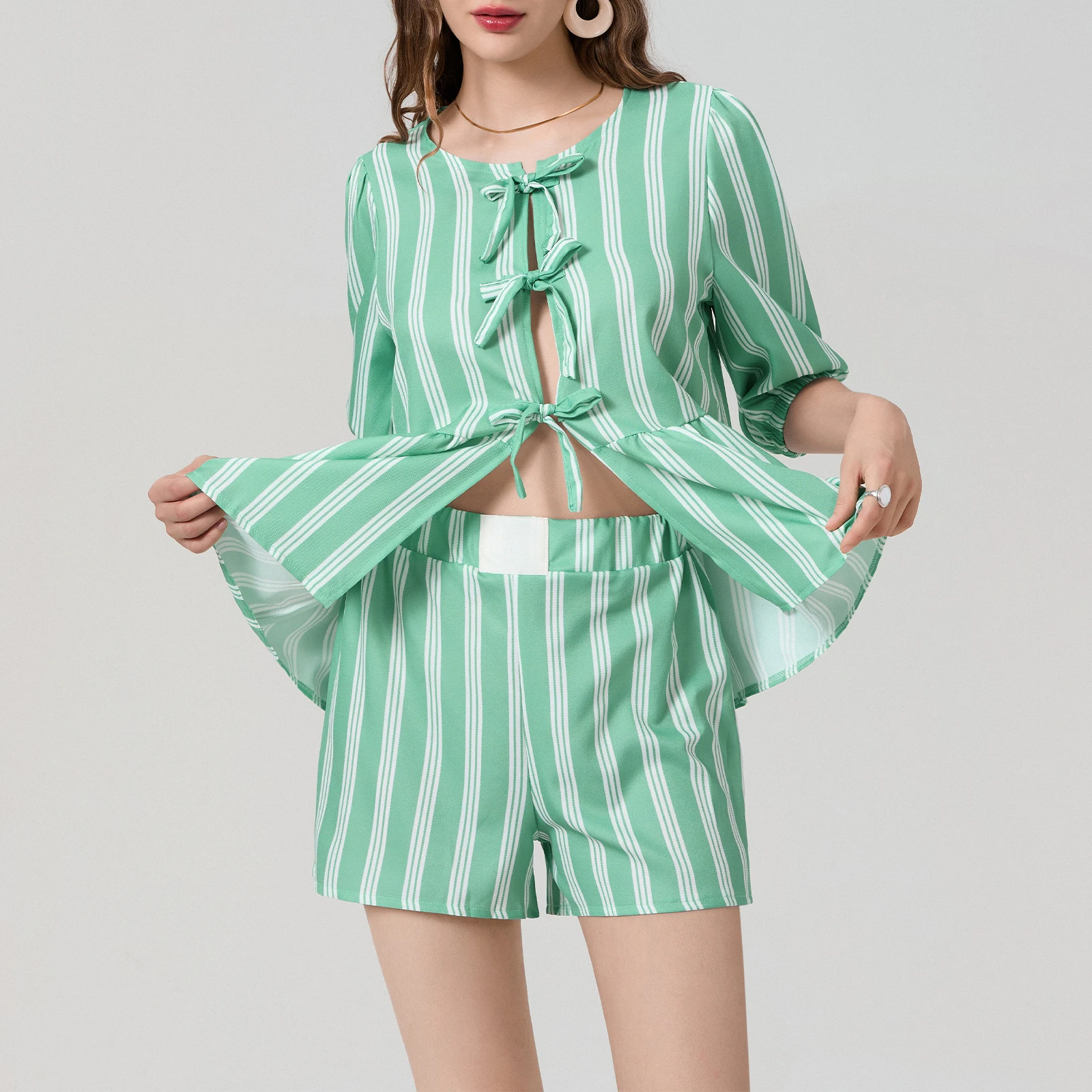 Women Shorts Set  Striped Short Sleeve Tie-up T-shirt with Elastic Waist Shorts Summer Outfit 2024 Trendy