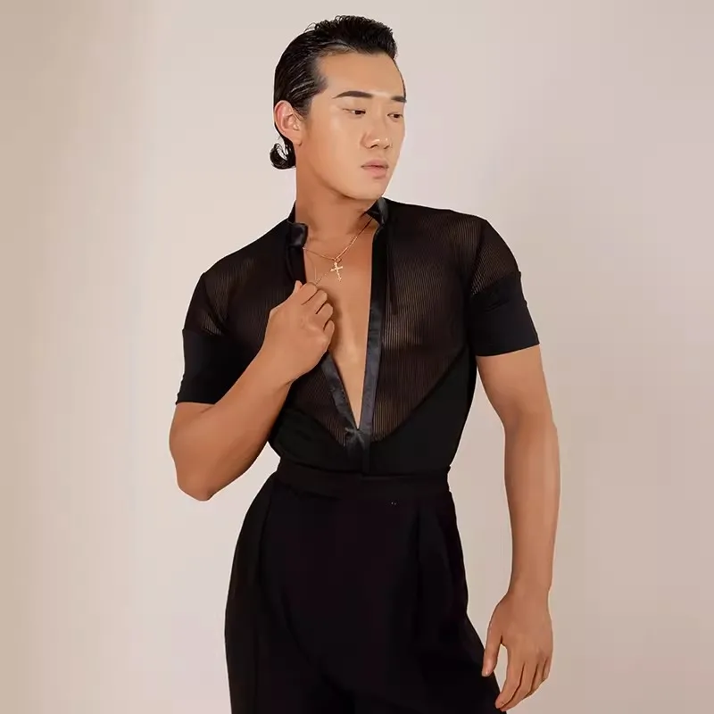 New Latin Dance Clothes For Men Short Sleeves Black Ballroom Dance Tops Practice Performance Shirts Adult Salsa Costume BL11201