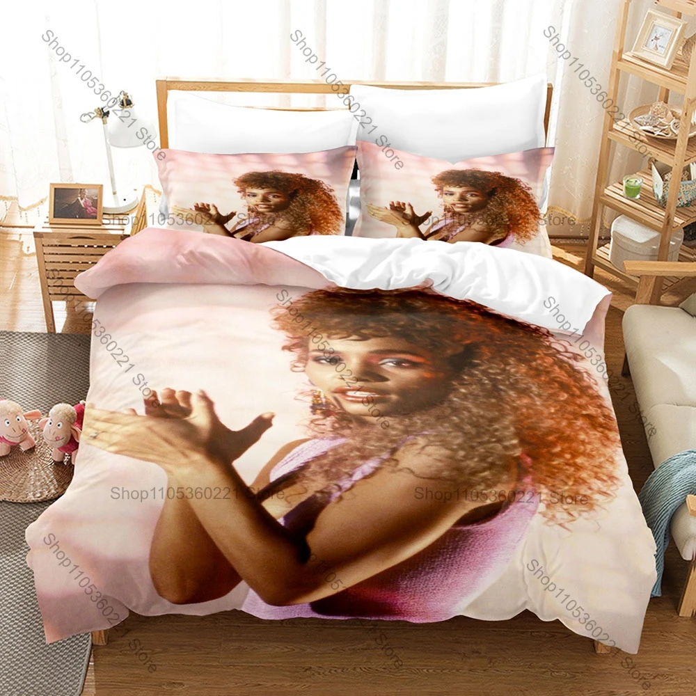 Famous Singer Whitney Houston Printed Bedding Set 3 Pieces Comfortable Bed Linens Stylish Duvet Cover Pillowcase for Bedroom