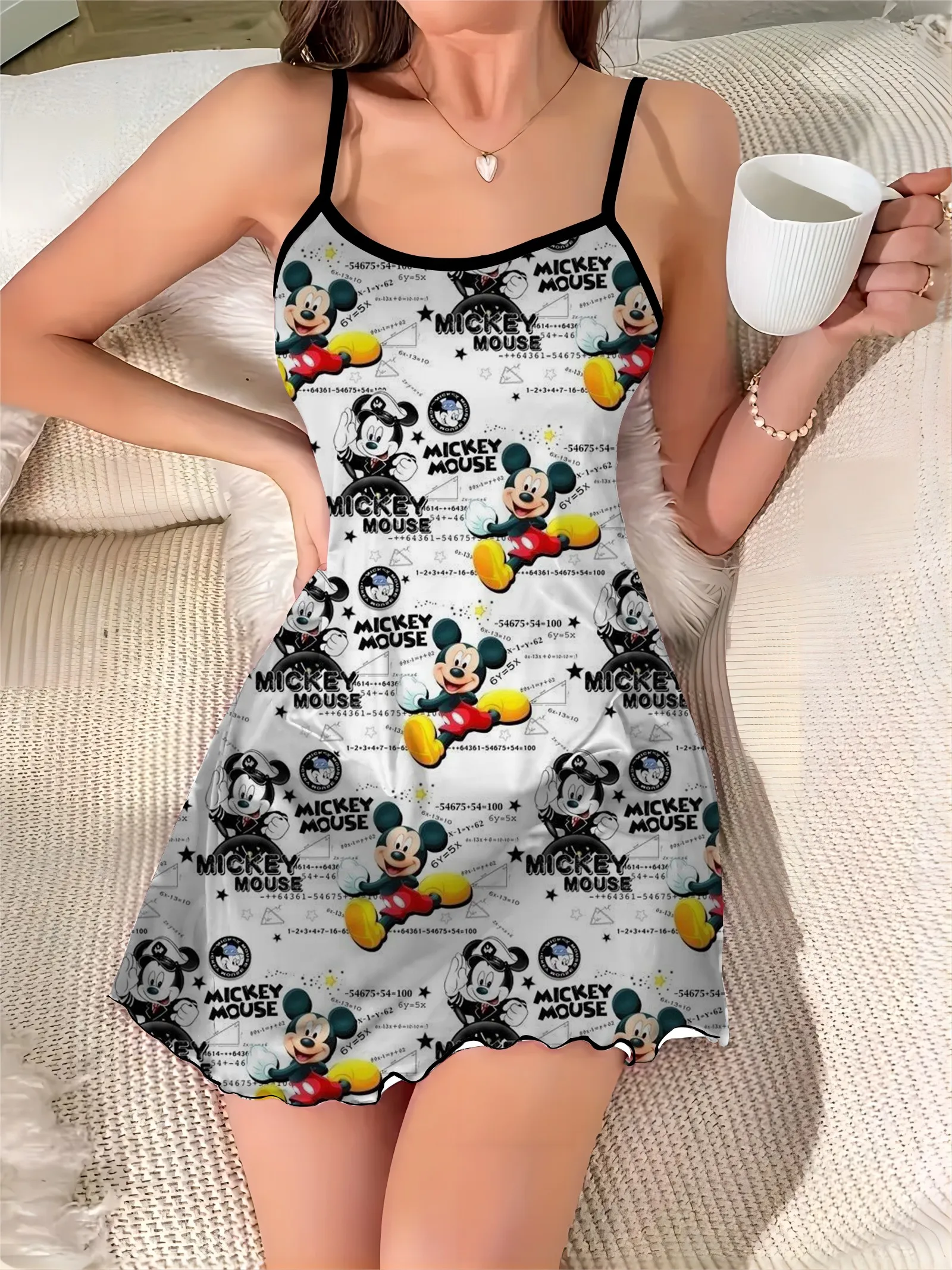 Sexy Dress Satin Surface Mickey Crew Neck Elegant Dresses for Women Minnie Mouse Lettuce Trim Disney Pajama Skirt Chic Mini Trim