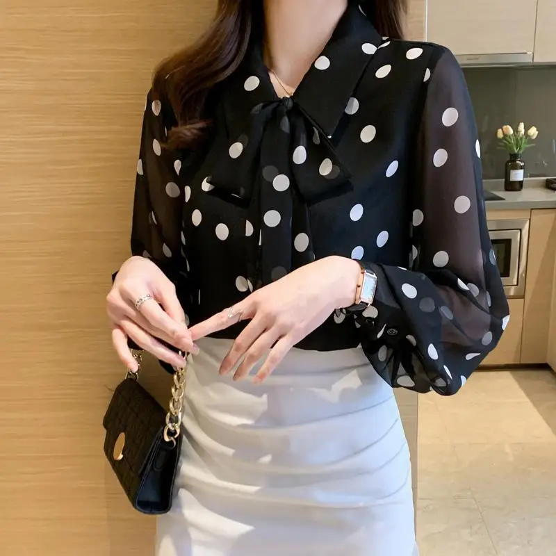 Black Polka Dot Chiffon Shirt Women\'s New Spring Bow Long Sleeve Fashion Blouse Tops 3XL Femme Blusas