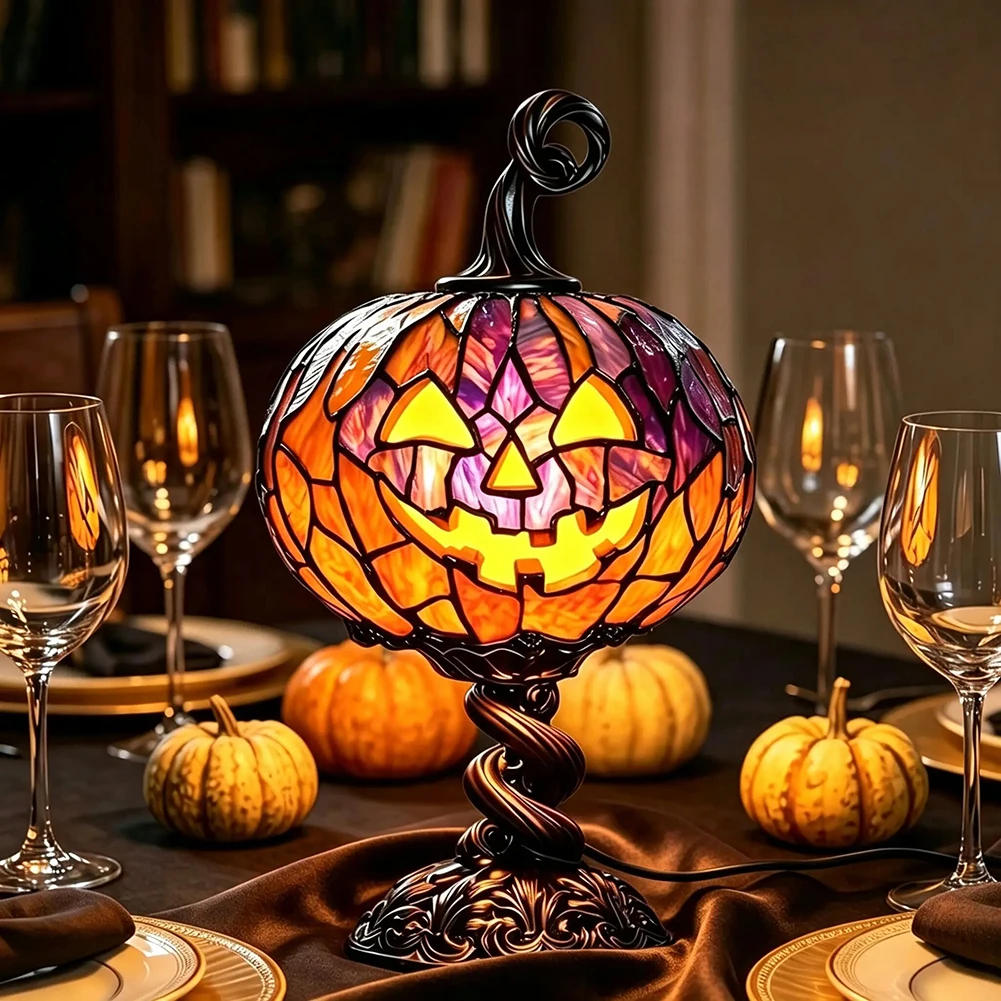 Halloween Pumpkin Table Lamp Gothic Vintage Style Resin Pumpkin Night Light USB Powered, Desktop Decorative Ornament