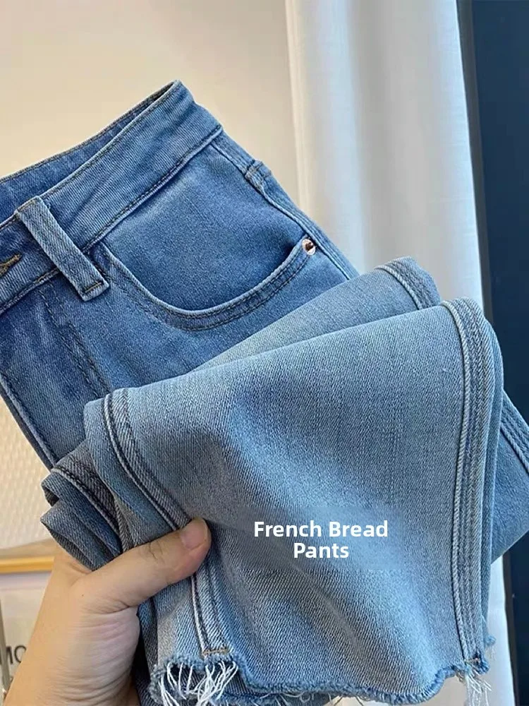 Light Wash Straight Leg Jeans Women's Small Size French Bread Pants Spring Summer Thin Slimming Denim Jeans High Waist Nine-P...