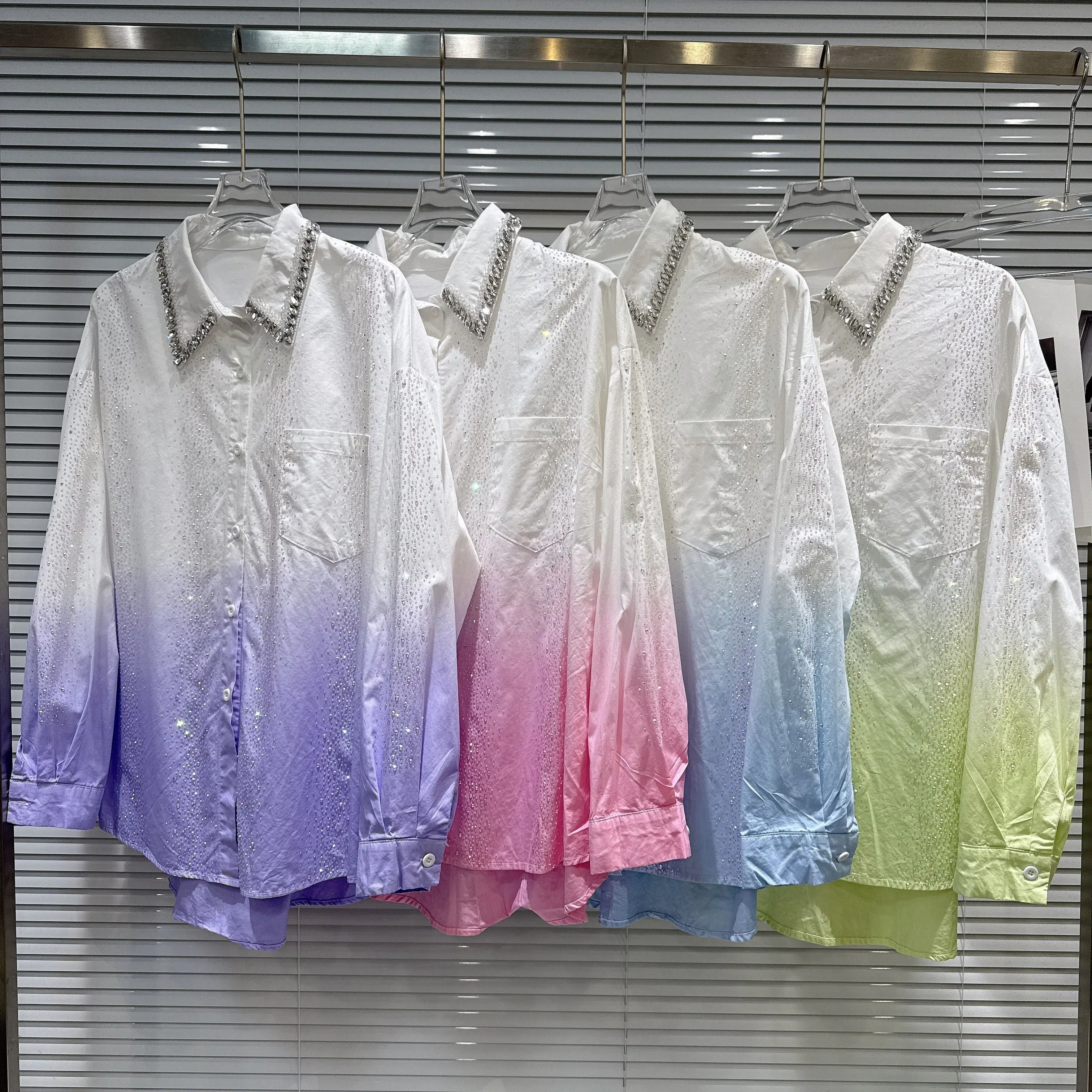 

2026 Spring New Heavy Rhinestone Hotfix Gradient Long Sleeve Loose Shirt for Women, Female Top