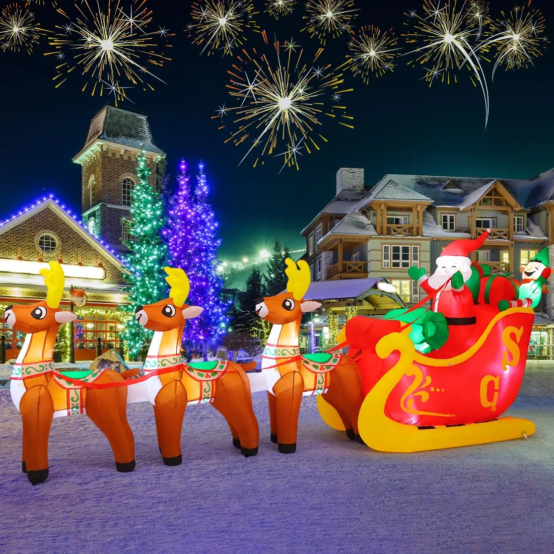 12 FT Santa Sleigh Inflatable, Inflatable Santa Sleigh and Reindeer, Outdoor Christmas Decorations Clearance with LED Lights
