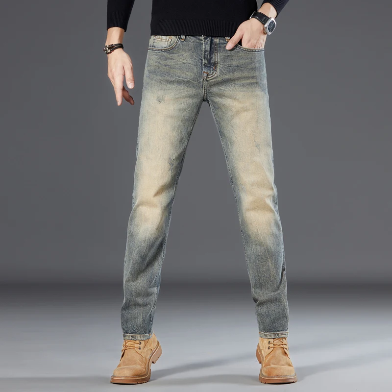 High quality retro jeans men's slim fit straight leg new washed casual American men's long pants denim jeans for men