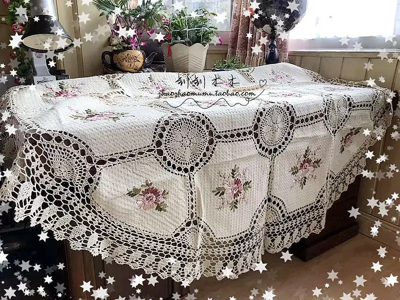 2023 New Arrival Cotton Crochet Tablecloths With Ribbon Embroidery Flowers Table Overlay For Home Decor