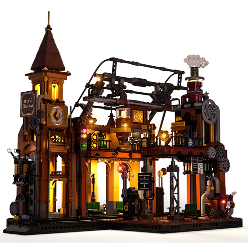 Creative Expert Street Scene MOC FunWhole F9007 Steampunk Railway Station Model 1843PCS Building Blocks Brick Puzzle Toys Gift