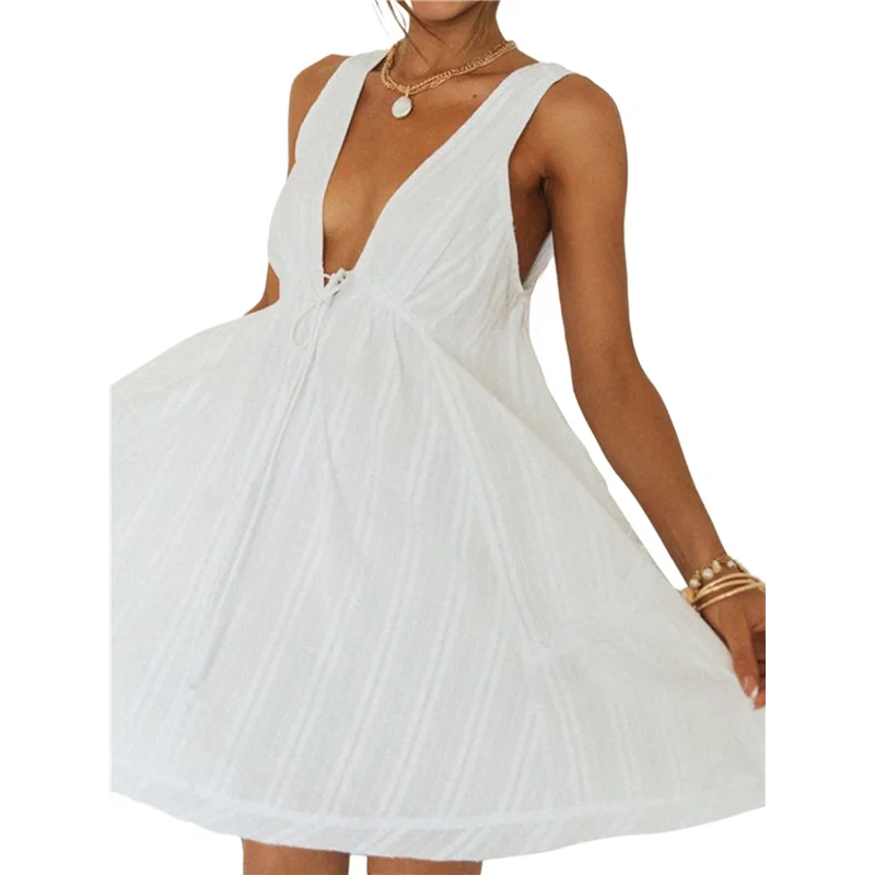 CGS-Damen-Sommer-Minikleider, ärmellos, tiefer V-Ausschnitt, gestuftes Swing-Kleid, rückenfrei, zum Ausgehen, Urlaub, Boho-Sommerkleid