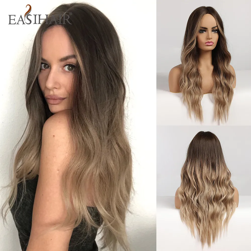 EASIHAIR Lange Körper Welle Perücken Ombre Schwarz Braun Blonde Synthetische Perücke Cosplay Mittleren Teil Natürliche Wärme Beständig Perücke für