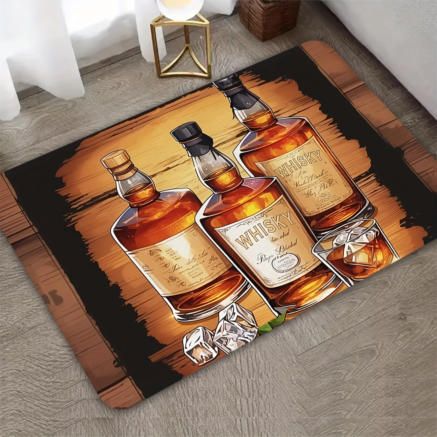 Vintage Whiskey Bottle Doormat Flannel Soft Rug, Aged Wood Texture Non-Slip Machine Washable Door Carpet for Home Bar