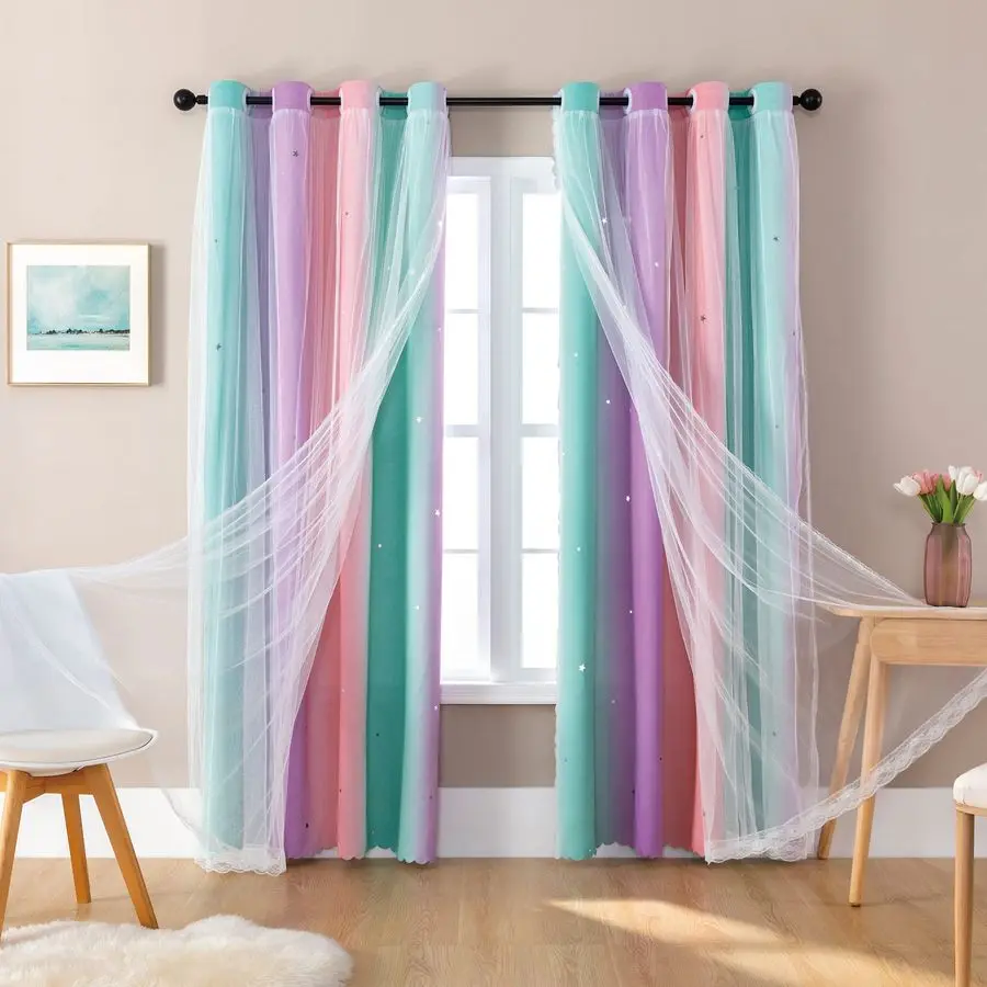 Cortinas Opacas de 84 Pulgadas de Largo, Decoración para Dormitorio de Niñas, Cortinas Ombre para Ventana, Juego de 2 Paneles, Tema de Unicornio y Princesa para Habitación Infantil