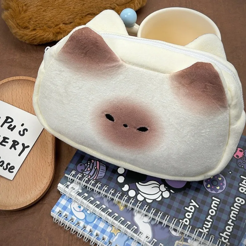 1pcs Cute Siamese Cat Plush Pencil Case Cartoon Kitten Design Stationery Pouch for Students and Office Use