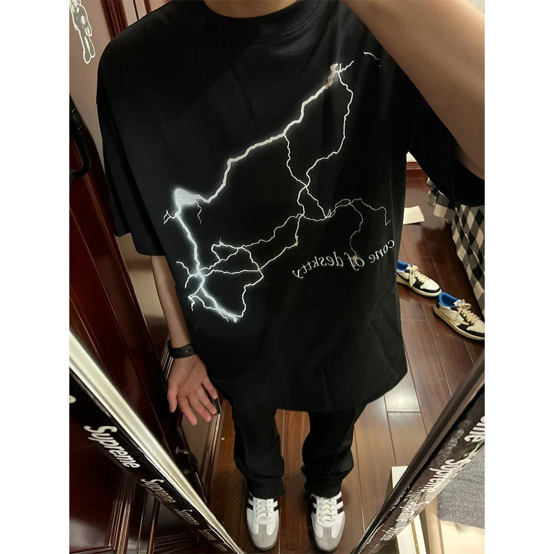 

Retro American Lightning Pure Cotton ort Sve Women's T-irt Summer Loose Street Sle Couple High Street f Sve Top