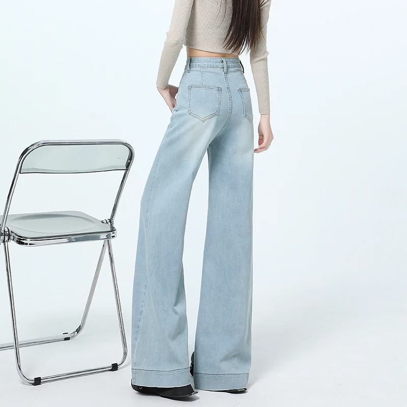 KSTUN 2025 Estate Nuove donne a vita alta Jeans a gamba larga Pantaloni svasati elasticizzati Pantaloni a zampa d'elefante femminili Pantaloni trascinanti azzurri