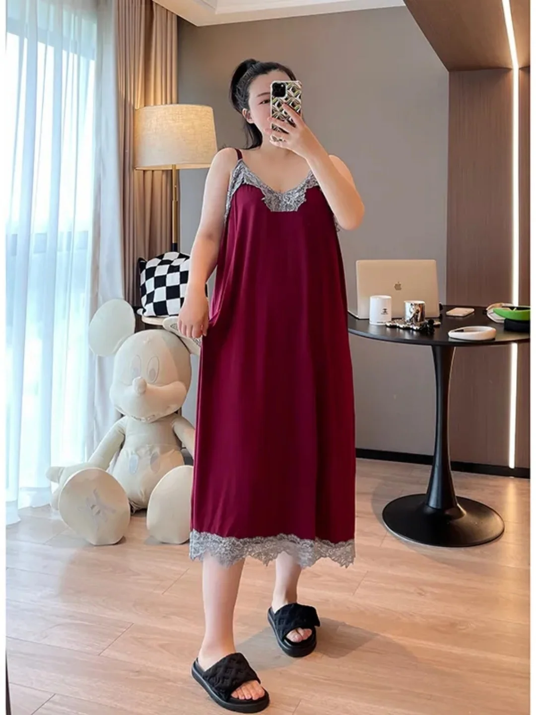 

plus Size Summer Sleep Dress Strapless Lace Trim Splice Mid-Length V-Neck Home Clothes Nightgown for plus Size Women