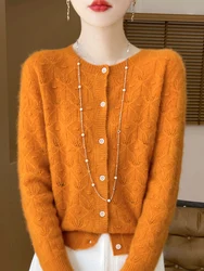 New Autumn Winter Women Basis Sweater Hollow Cardigan 100% Merino Wool Knitwear Female O-Neck Soft Casual Fashion Top