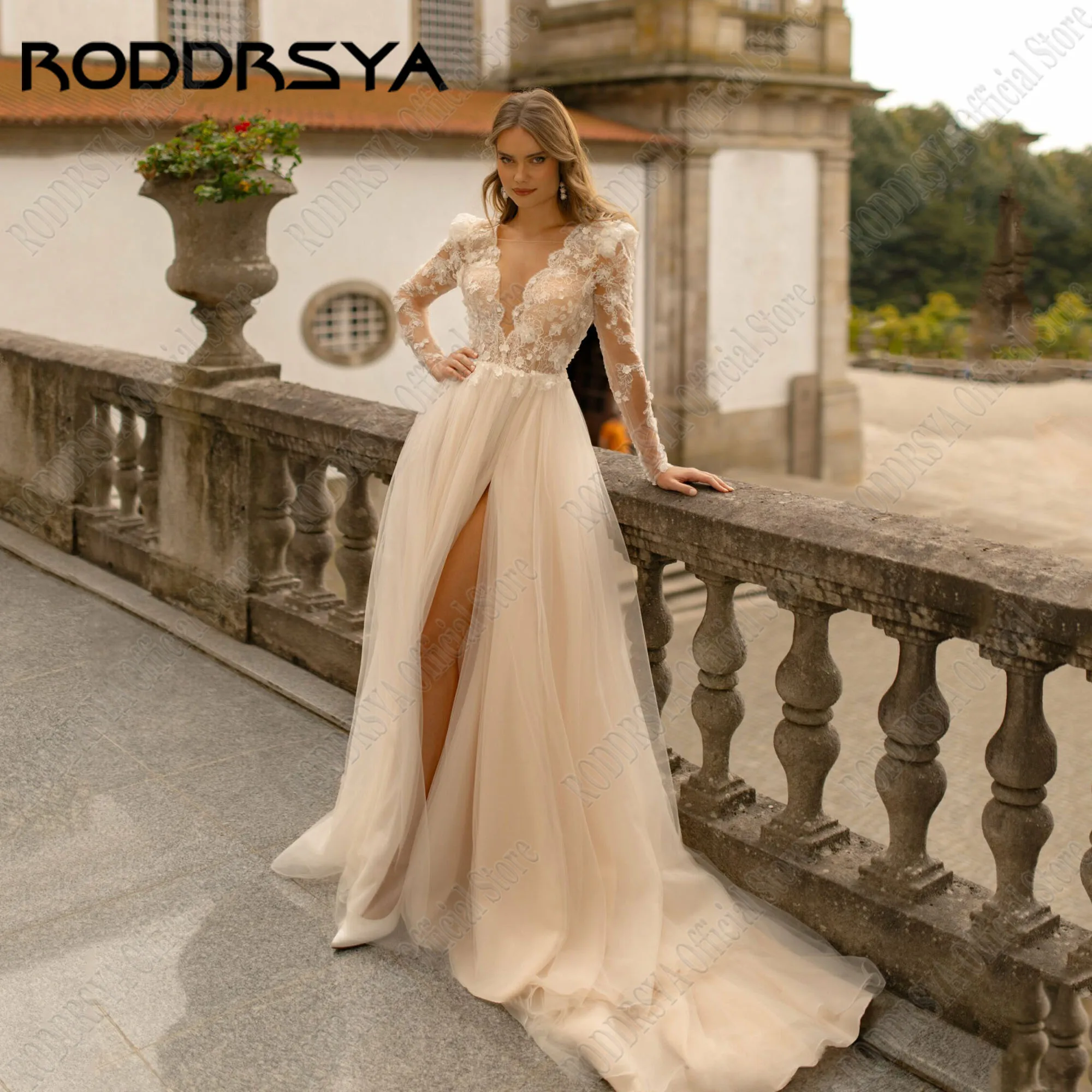 

RODDRSYA Lace Wedding Dress Long Sleeves Scoop Neck Side Split Princess vestidos de novia 2025 Flowers Bride Gowns Customized