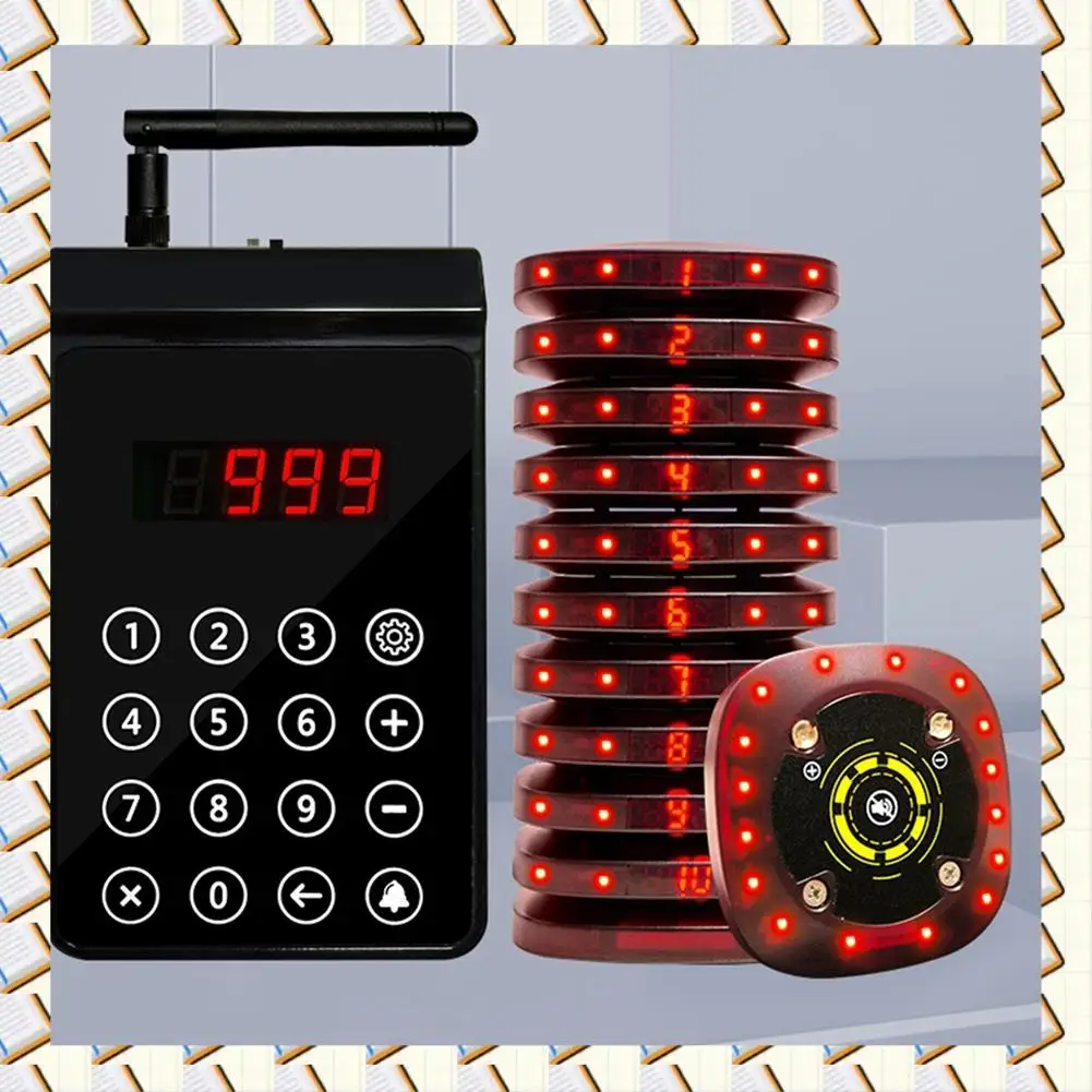 

A14M Restaurant Pager Wireless Paging Queuing System Chargeable 1 To 10 Pagers For Bar Cafe Court Fast Coffee Shop EU Plug