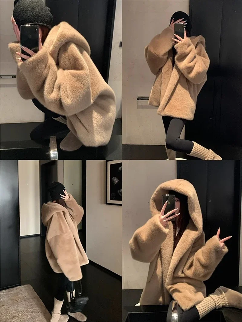 Manteau en fausse fourrure de style paresseux pour femmes, veste à capuche, haut en fourrure décontracté, vêtements épais en peluche, vêtements pour femmes, hiver