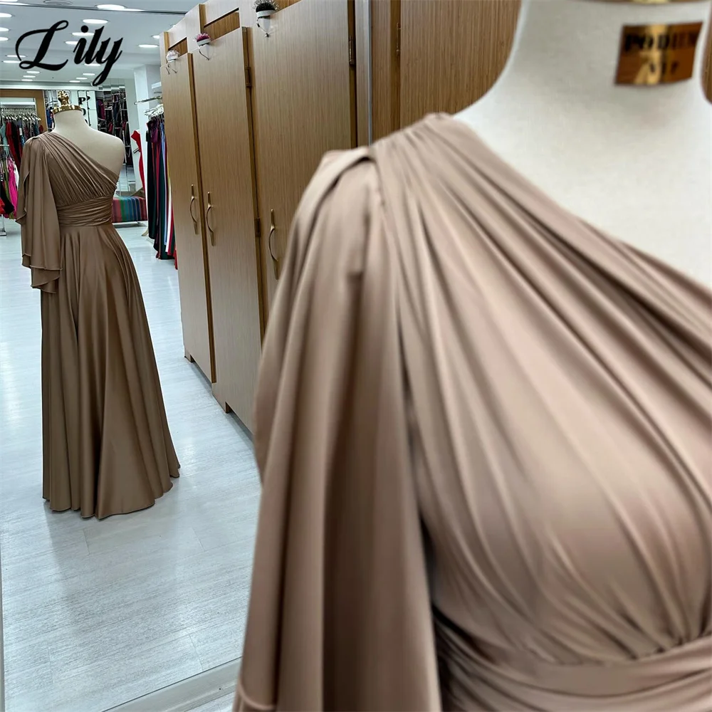 Lily Champagn Evening Dress One-Shoulder Flared Sleeve Satin Party Dress With Pleats Vestidos De Noche Floor Length Prom Dress