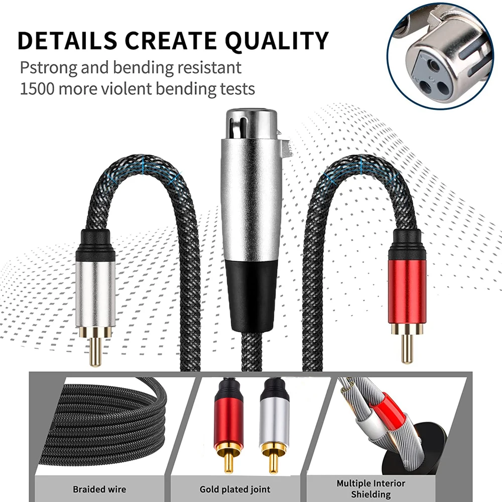 3Pin XLR To Dual RCA R/L Y Splitter Cable Unbalanced 2RCA To XLR Stereo Audio Interconnect Cable for Speaker Mixer Microphone