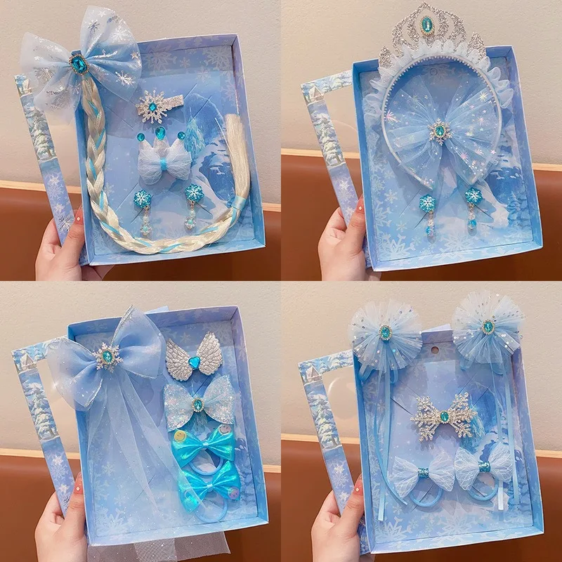 

Princess Headwear Children Gift Box Bowknot Hair Accessories for Baby Girls Ice and Snow Series Crown Hair Clip Kids Headband
