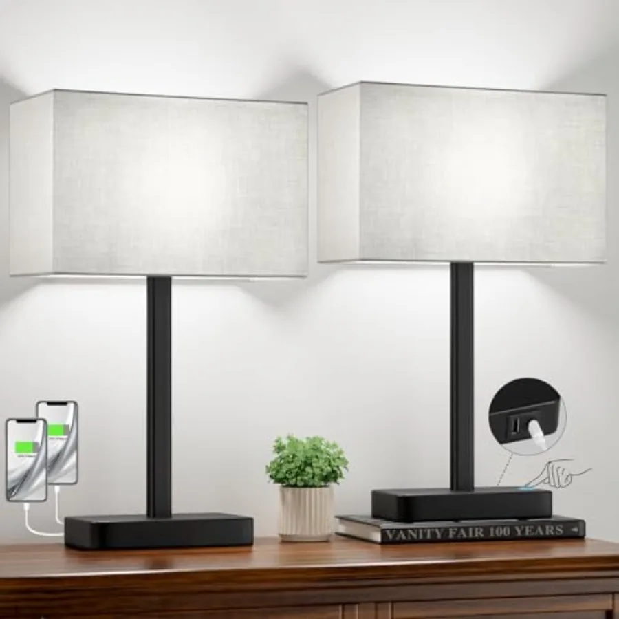 Touch Lamps for Bedroom - 3-Way Dimmable Bedside Lamps Set of 2 with USB C+A, Grey Modern Table Lamp for Night Stands, Desk Lam