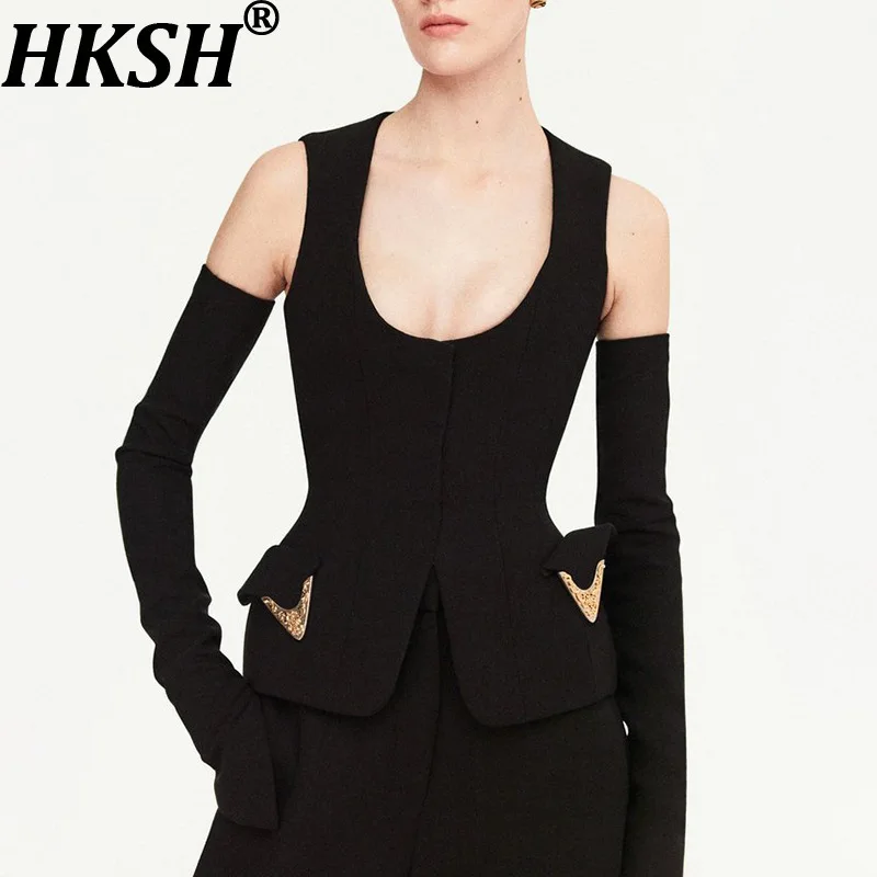 

HKSH Spring Autumn New Woman Jacket Fashion U-Neck Pockets Metal Patchwork Waistcoat Independent Sleeves Elegant Y2K Top HK14764