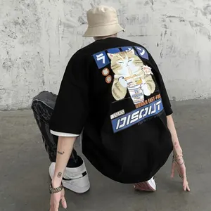 رجالي النمط الياباني أنيمي القط الرسم تي شيرت أكمام قصيرة ملابس كبيرة الحجم يا رقبة رجالي 100٪ قطن الصيف تي شيرت أفضل 10 تي شيرتات رجالية كبيرة الحجم مبيعا - رقم 9