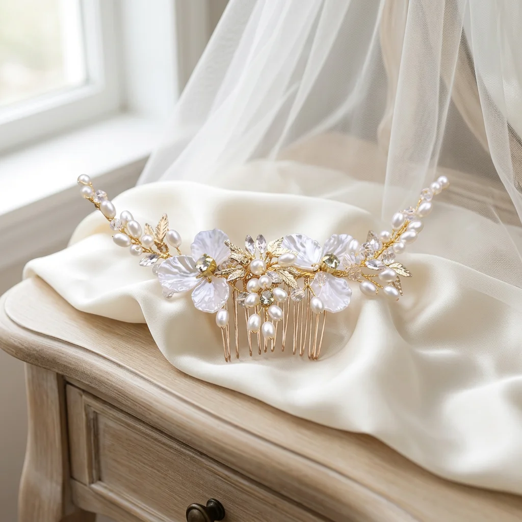Elegant White Pearls Hair Combs Gold Color Leaves Flower Bridal Headbands Bride Wedding Evening Party Hair Jewelry Accessories view 5