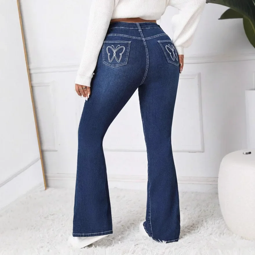 Flare Pants Jeans Women Embroidery Boot Cut Stretch High Waist Washed Distressed Pocket Streetwear Mom Jeans 2025 Denim Trousers