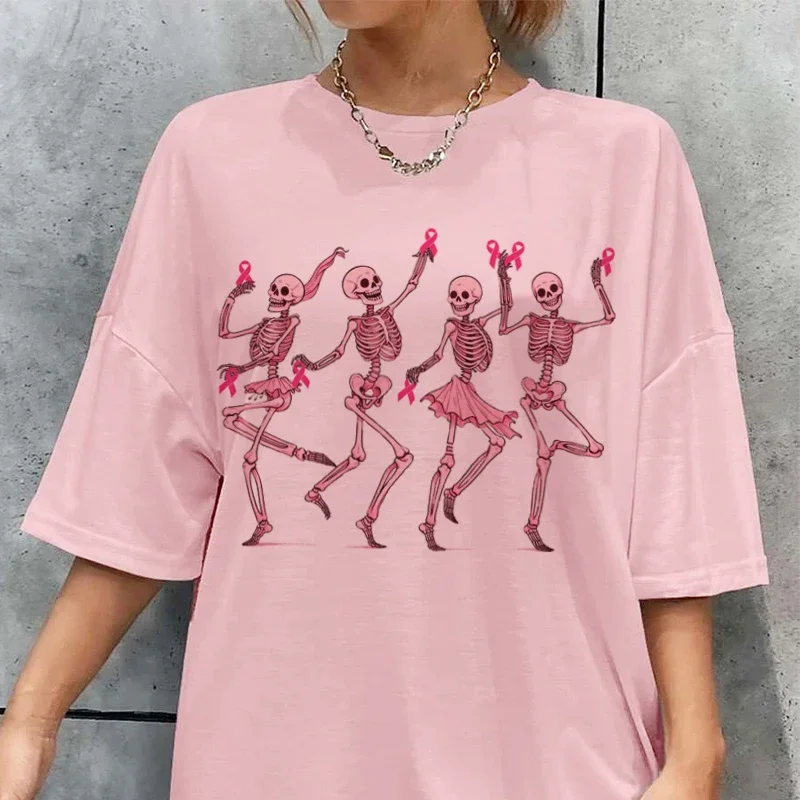 Dancing Skeletons Breast Cancer Awareness T-Shirts Funny Halloween T Shirt Pink Ribbon Inspirational Tees Women Vintage Tops