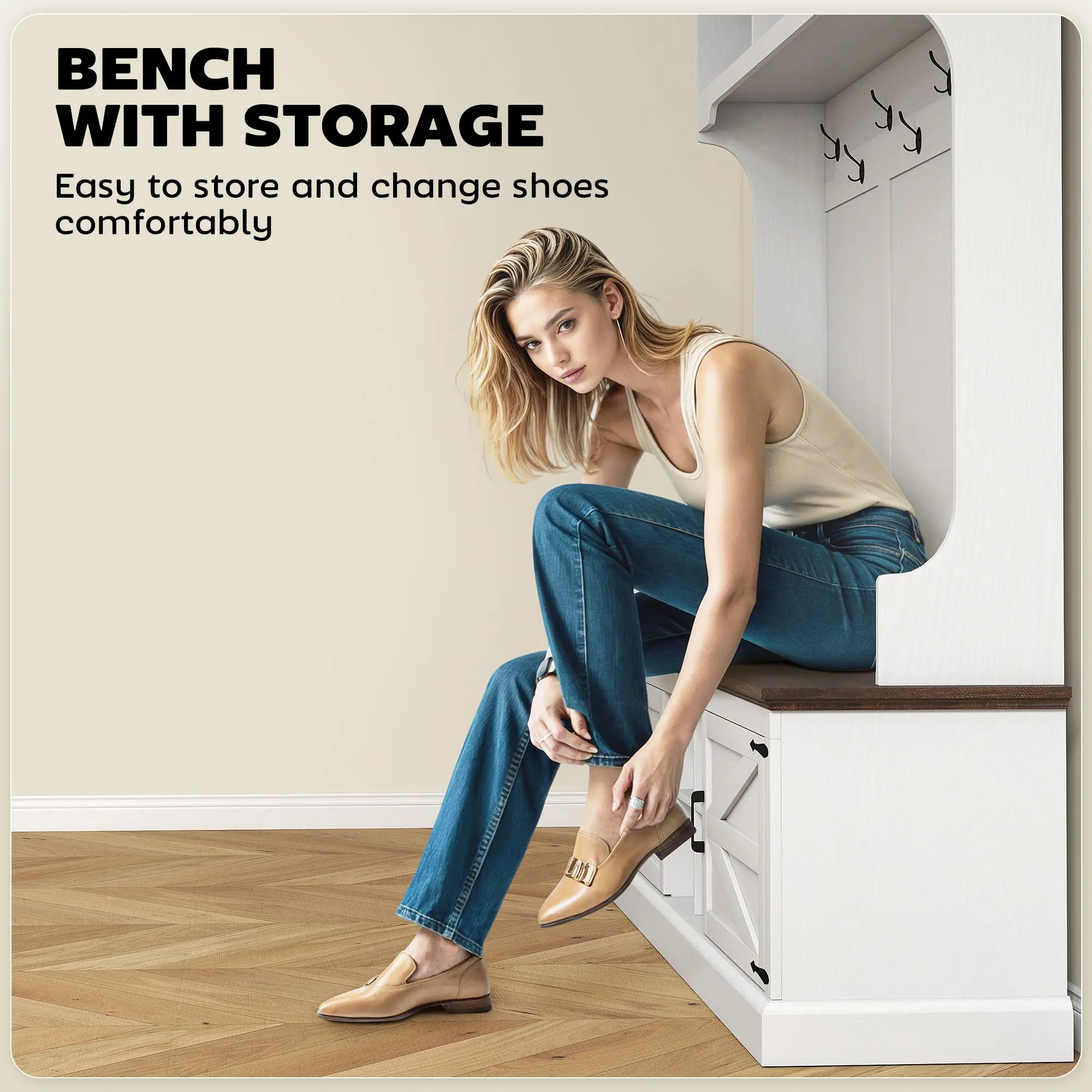 For 3-in-1 Hall Tree with Shoe Storage, Coat Rack with Bench, Entryway Furniture with Hooks, White Wood Grain