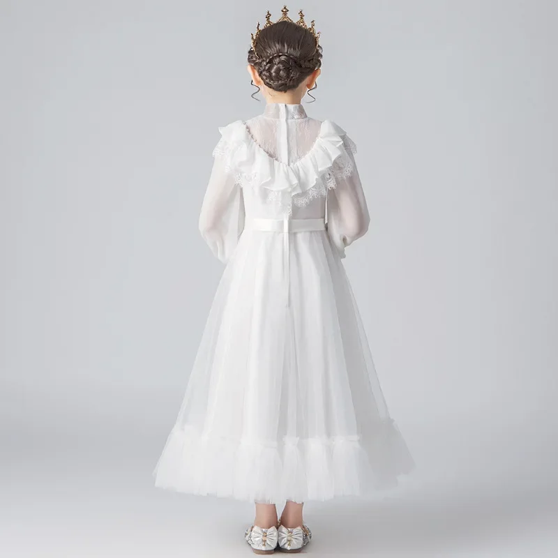어린이 드레스 어린 소녀 꽃 공주 흰색 푹신한 원사 긴 소매 작은 호스트 성능 의류 가을, 겨울