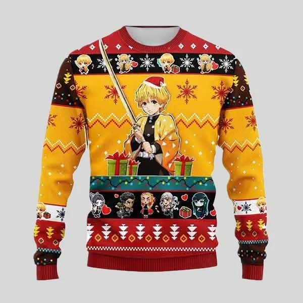 Autunno e inverno Bandai Anime Demon Slayer Series 3D Christmas Ugly Dress Street Felpa con cappuccio girocollo per adulti da donna oversize