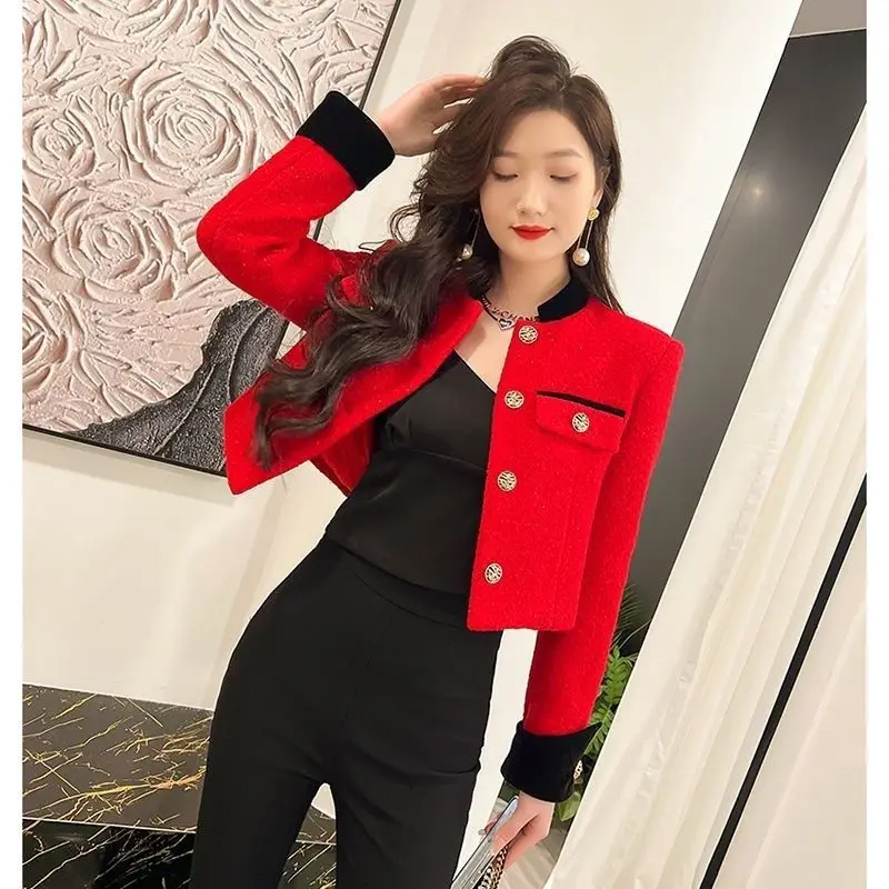 

Короткое шерстяное пальто Red Velvet в стиле пэчворк для женщин, осенне-зимний сезон, с воротником-стойкой, элегантный женский стиль