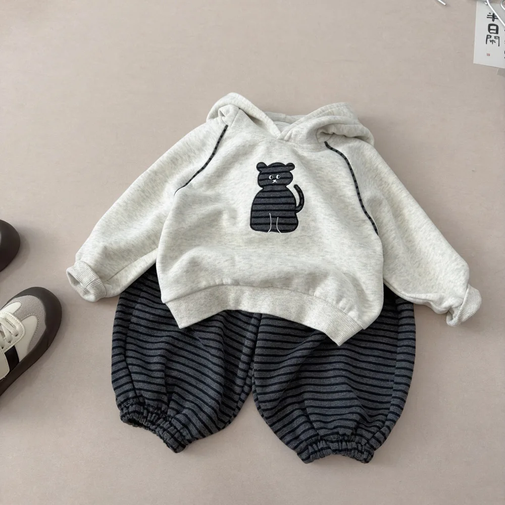 2026 Autumn Children Clothing Sets Baby Boys Girls Cartoon Embroidery Hooded Sweatshirt+Stripe Pants 2PCS Suit Kids Tracksuit