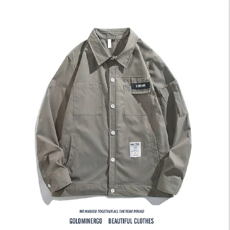

Retro Japanese Sle Men's Casual irt Loose Fit Multi-ket Workwear Trendy Spring Autumn Outerwear Polyester Fiber