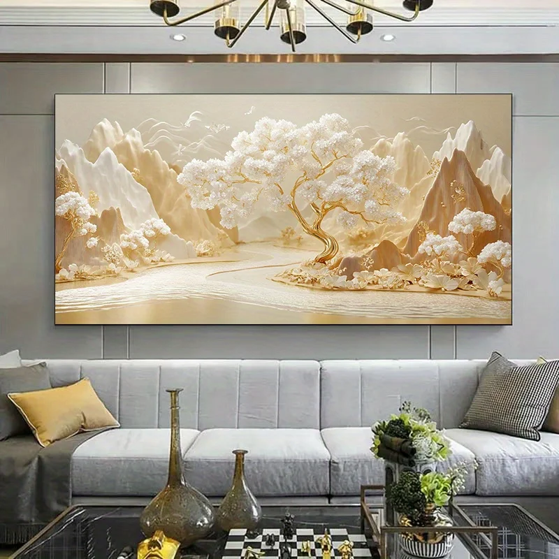 Platinum Tree Art Canvas Poster, Golden Mountain Landscape with Cherry Blossoms, Ideal for Bedroom & Living Room Decor