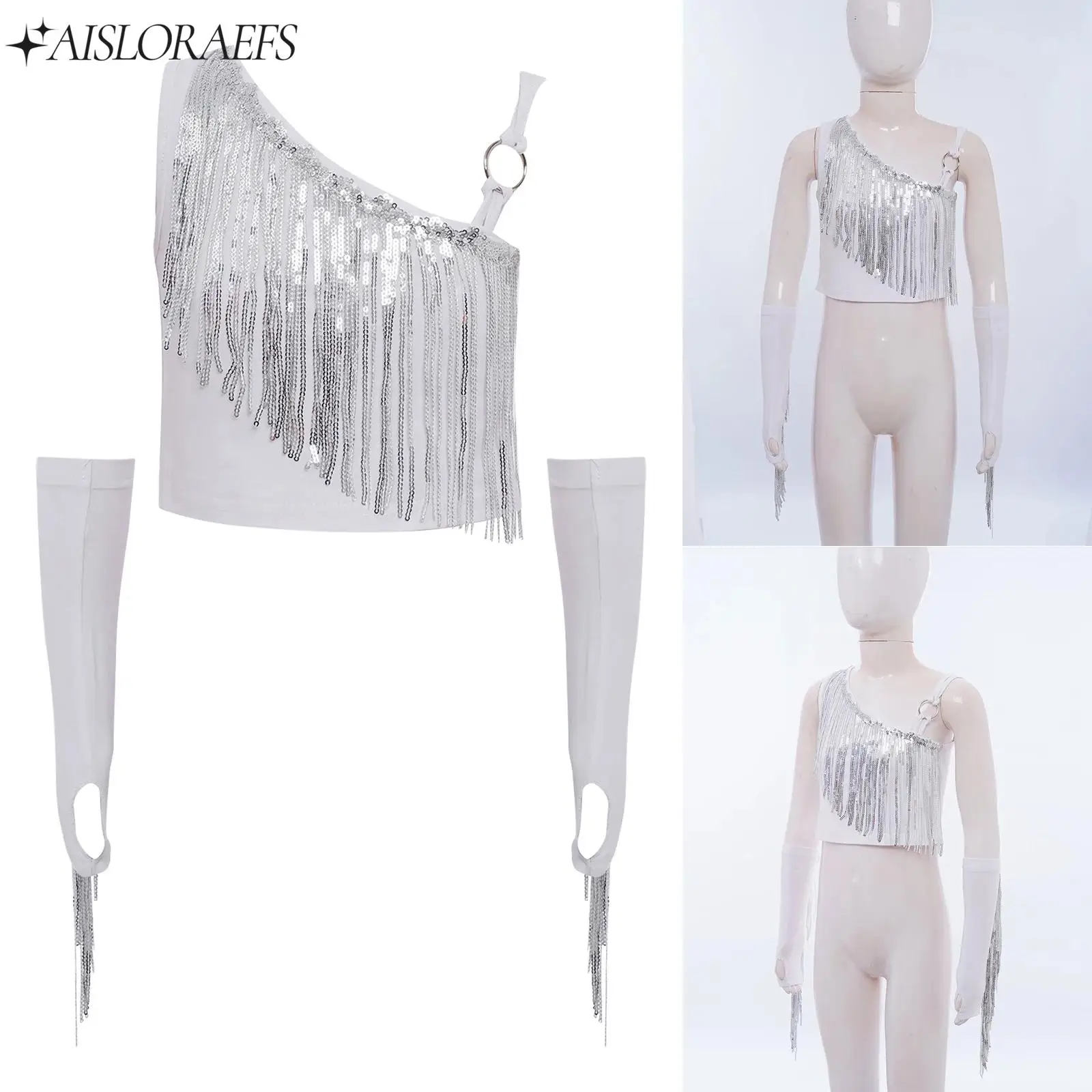 

Teen Girls Hip Hop Jazz Dance Costume Outfit Shiny Sequin Tassels Asymmetrical Crop Top with Fringe Gloves Stage Performance Set