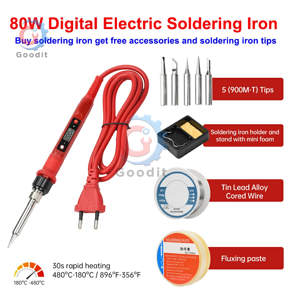 

900M-T 5-Tips 80W Digital Electric Soldering Iron Set Temperature Adjust AC 220V 110V Ceramic Heater Household DIY Tools US/EU
