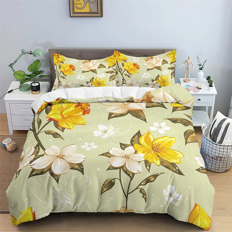 Floral Duvet Cover Microfiber 2/3pcs Queen Daisy Bedding Set Leaves Plant Print Soft Breathable Quilt Cover With Zipper Closure