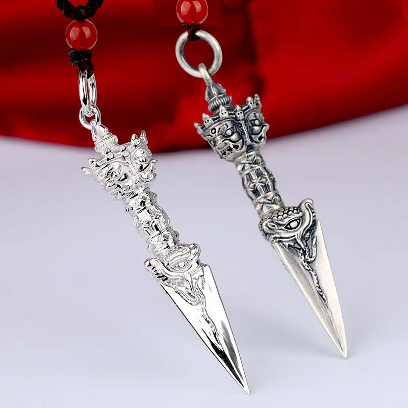 Silver Buddhist Vajra Phurba Pendant Wrathful Deity Design Necklace Charm for Men and Women, Decorative Charm for Personal Wear