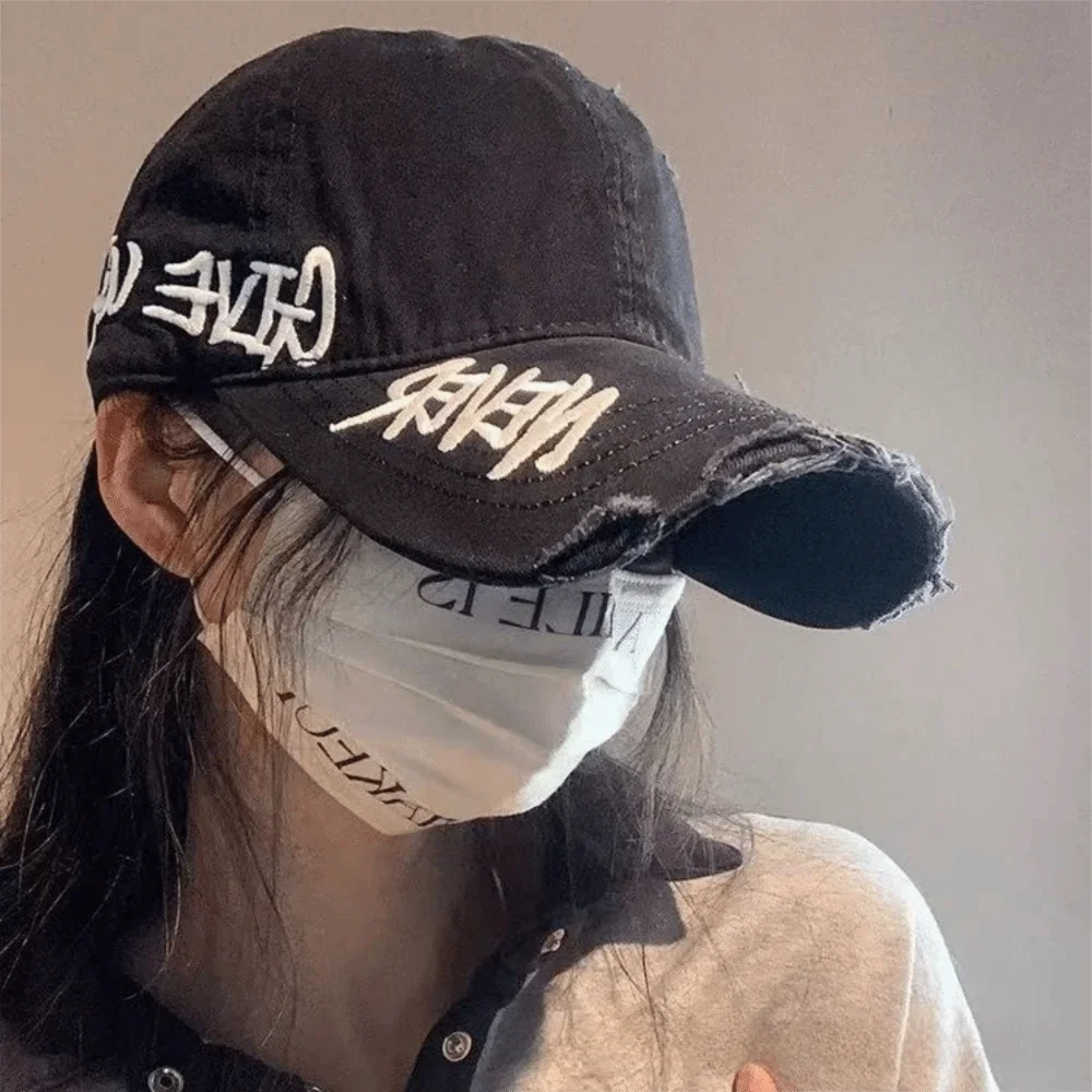 Gorras de running americanas, gorras de mezclilla lavada con agujeros rotos, sombreros de sol con personalidad, gorra de hip hop con letras bordadas, gorras de béisbol para mujer y hombre
