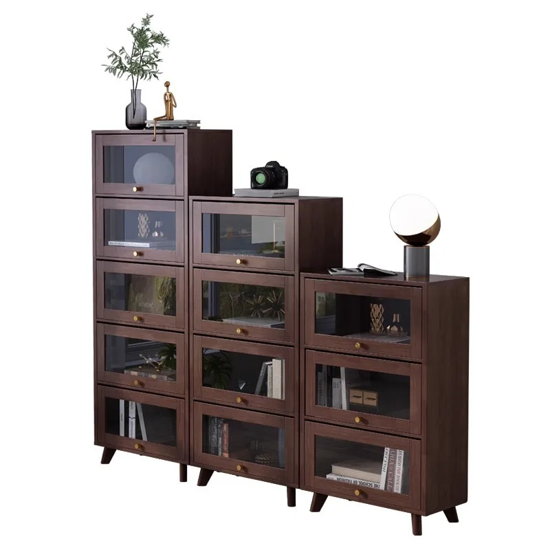 Nordic solid wood dust-proof bookcase with glass door, large-capacity storage locker, living room display cabinet, shelf floor