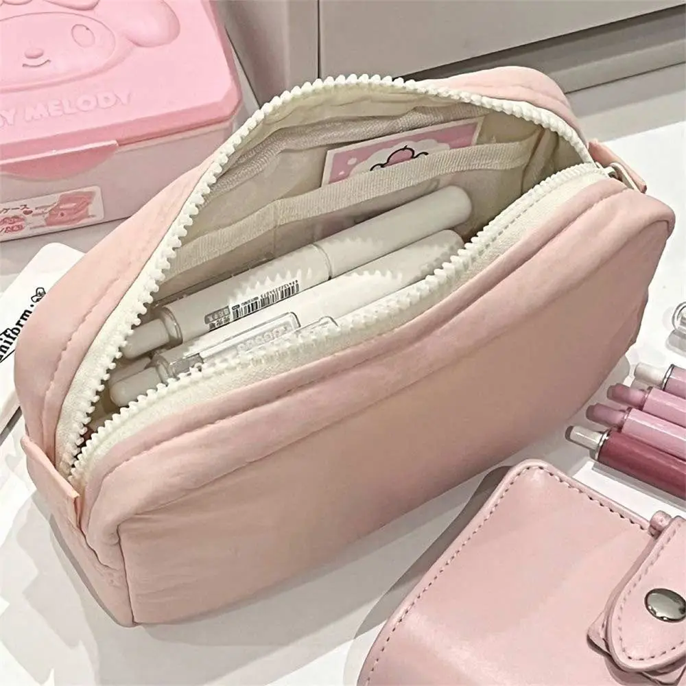 Simplicity Solid Color Pen Bag Zipper Design Large Capacity Pencil Case Portable Stationery Bag Back To School