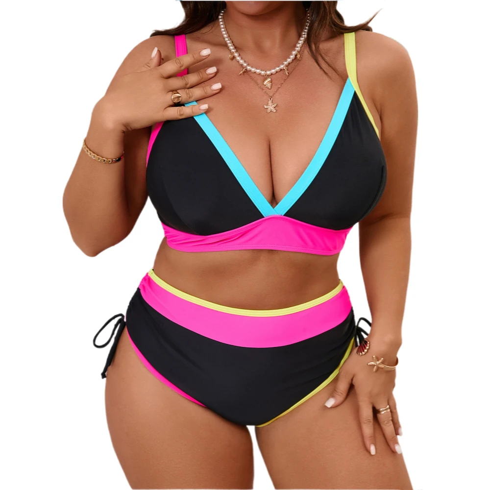 5XL Plus Size Bikini Swimwear Women Multi Color Block Plunge Two Piece Swimsuit High Waist Side Drawstring
